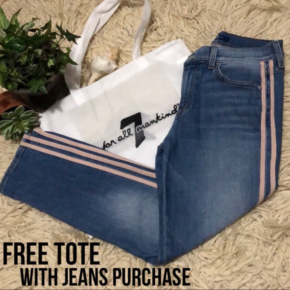 7 for all mankind-Jeans with Pink Tuxedo Stripe-Med Wash-Sz 28-EUC-Free Tote - Picture 1 of 15